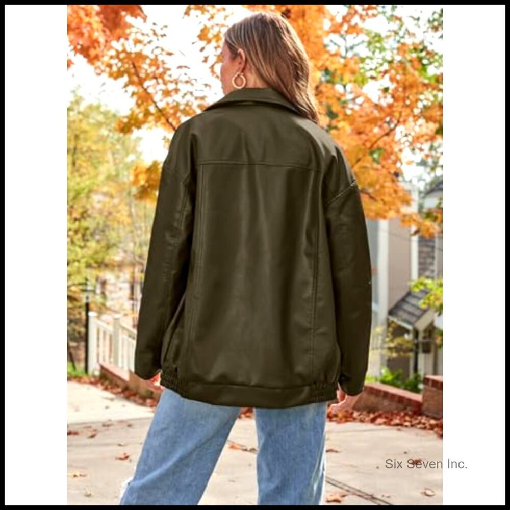 Oversized Faux Leather Motorcycle Jacket Zipper Closure Relaxed Fit - Picture 4 of 6